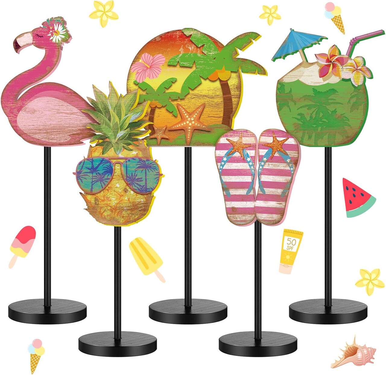 5 Pcs Summer Wooden Tabletop Decor Freestanding Wood Table Sign Summer Decorations for Home Rustic Tabletop